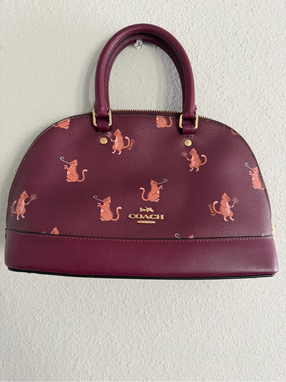 Coach Burgundy Dome Satchel with Peach Cat Motif